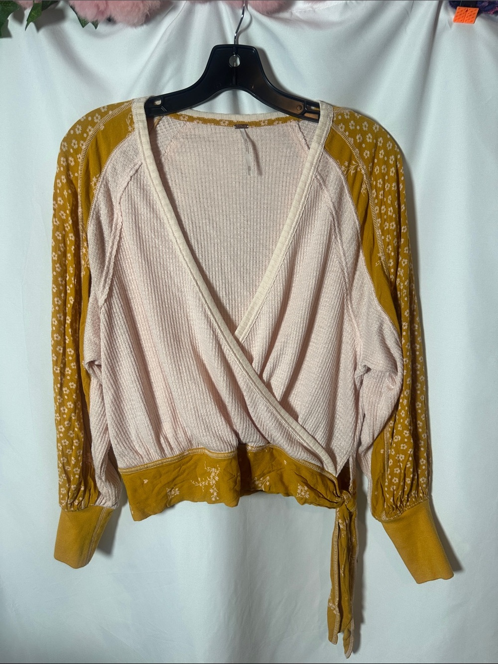 Free People Blush Wrap Top with Mustard Floral Sleeves